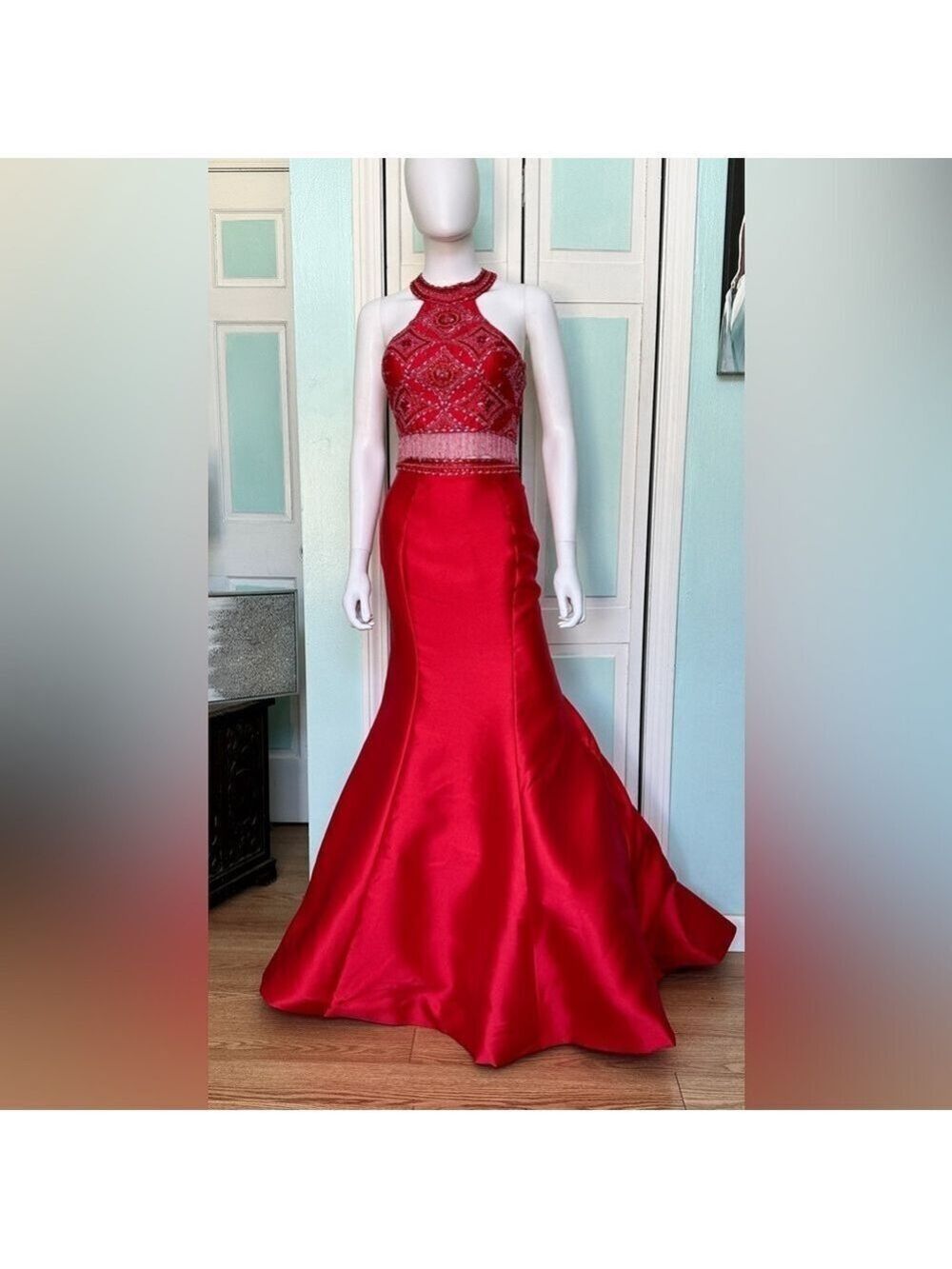 Size 4 Rachel Allan 7557 Red Mermaid Prom dress Pageant gown beaded fringe